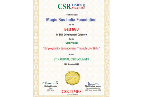 Magic Bus India has been awarded as the Best NGO in Skill Development Category for its CSR Project, Employability Enhancement Through Life Skills at the 7th National CSR E-Summit.